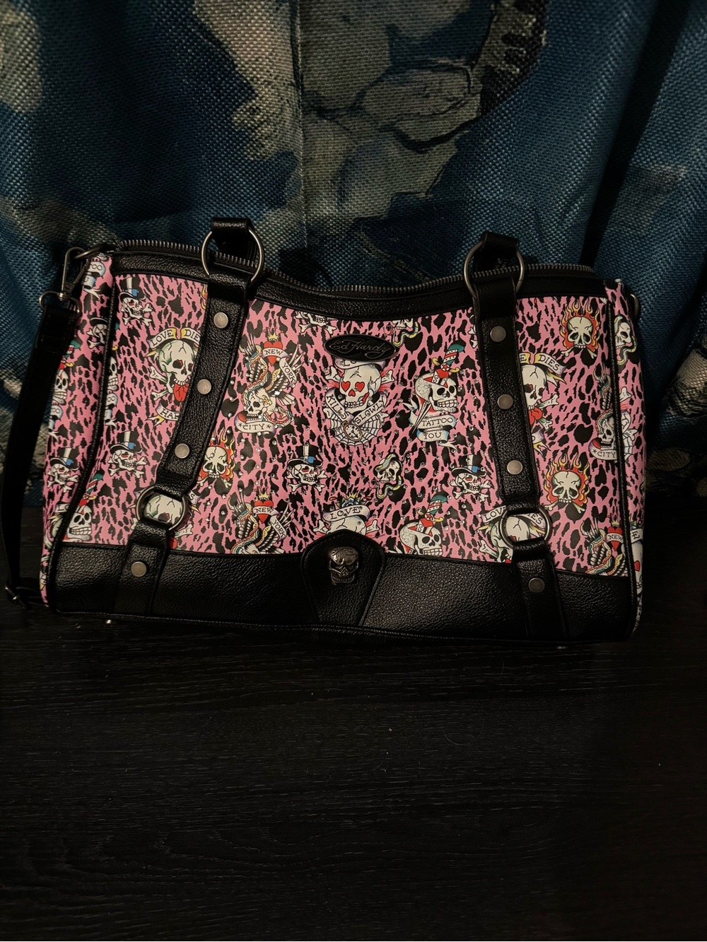 Ed Hardy Pink Skull & Leopard Print Shoulder Bag with Black Trim